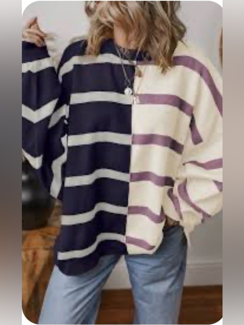 Striped Split-Panel Crewneck Sweater - Navy & Cream with Purple Stripes. NWT
